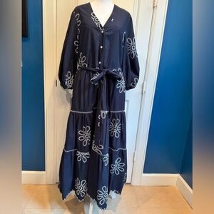 Pearl by Lela Rose Navy Maxi Dress with White Floral Embroidery